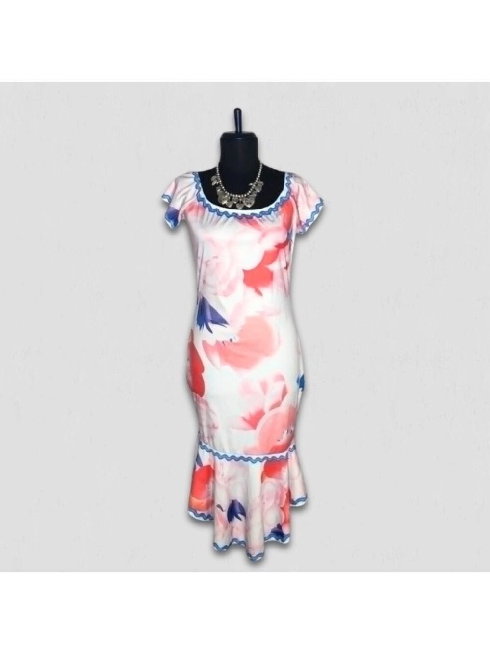 Y2K Off the Shoulder Tropical Mermaid Dress Cream Pink Large